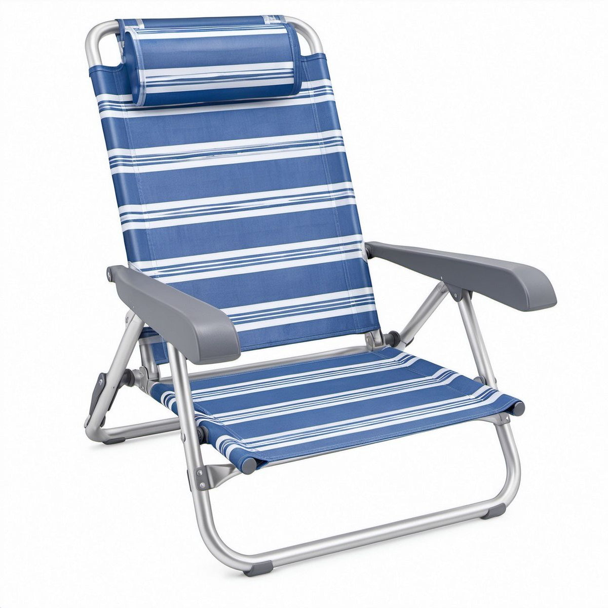 Klappbarer Campingstuhl Hochlehner aus Aluminium und Polyester, Blau/Weiß/Silber/Grau, 60 x 75 x 95 cm