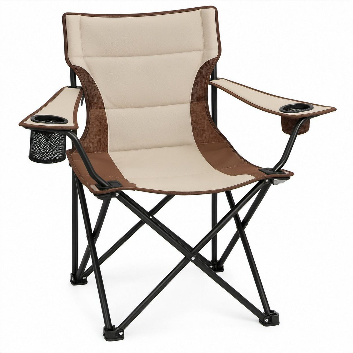 Faltbarer Campingstuhl Beige/Braun mit Getränkehaltern, Seitentasche und Stahlgestell, 60 x 60 x 95 cm