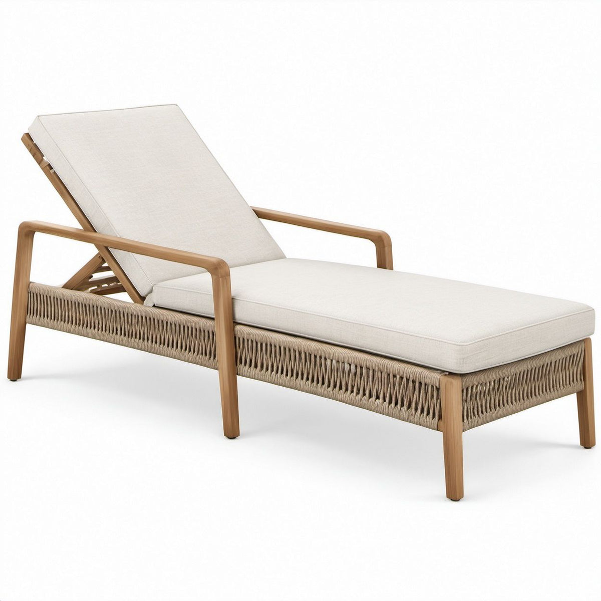 Verstellbare Liege aus Akazienholz mit Seilgeflecht und Auflagen, Natur/Beige/Cremeweiß, 200 x 75 x 78 cm