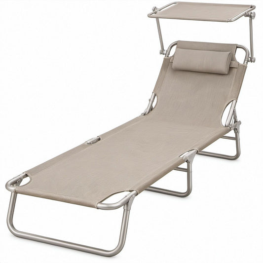 Klappbare Gartenliege mit Sonnendach und Kopfpolster, Beige/Silber, 190 x 60 x 30 cm