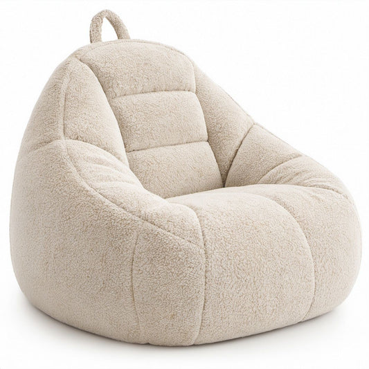 Tropfenförmiger Sitzsack-Sessel aus Polyester-Bouclé, Creme, 90 x 90 x 75 cm