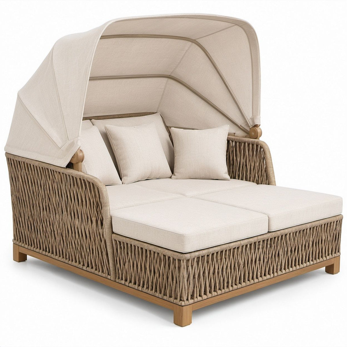 Doppelliege mit verstellbarem Sonnendach, Beige/Taupe/Naturbraun, 170 x 160 x 200 cm