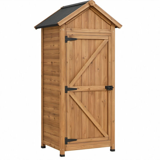 Geräteschrank aus massivem Zedernholz, Naturbraun/Schwarz, 75 x 56 x 179 cm, mit Einzeltür und Satteldach