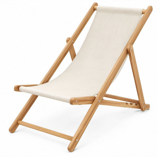 Klappbarer Liegestuhl aus Eukalyptusholz mit Baumwollbespannung, Natur/Beige, 58 x 98 x 80 cm