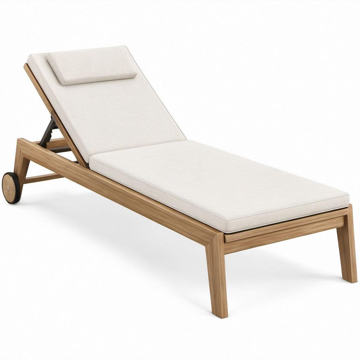 Verstellbare Gartenliege aus Teakholz mit Rollen, beige Auflage, 200 x 70 x 35 cm