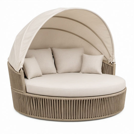 Rundes Gartentagesbett mit klappbarem Sonnendach, Beige, Ø 180 x 160 cm