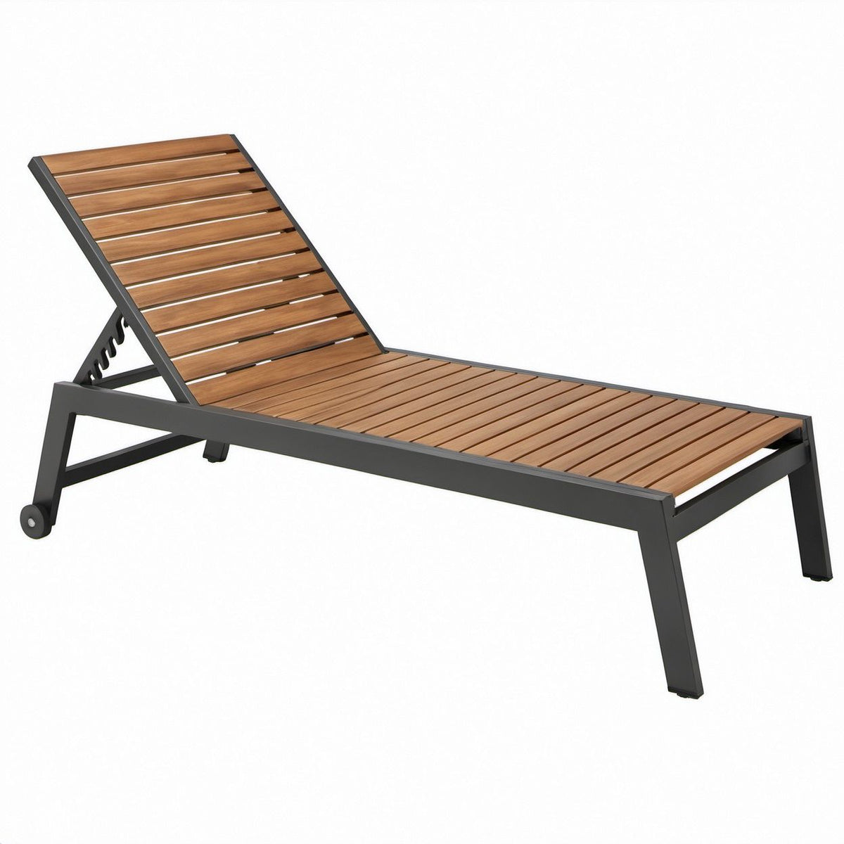 Verstellbare Gartenliege aus Aluminium und Eukalyptusholz, Schwarz/Braun, 200 x 65 x 35 cm, mit Rollen