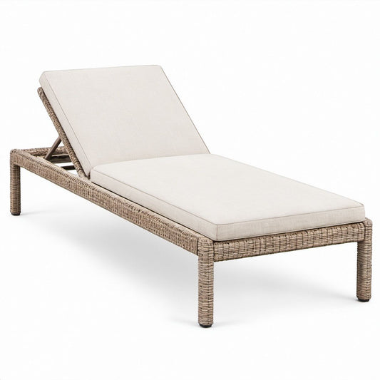 Verstellbare Gartenliege aus PE-Rattan mit Polyesterkissen, Naturbraun/Beige, 200 x 70 x 35 cm