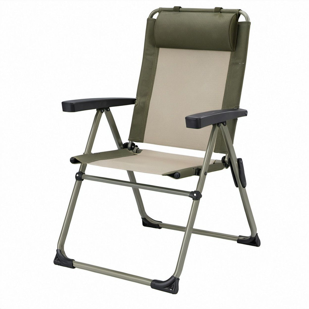 Klappbarer Camping-Hochlehner aus Aluminium in Olivgrün, Beige und Schwarz, 62 x 58 x 105 cm