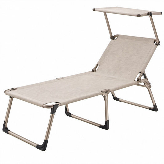 Klappbare Gartenliege mit verstellbarer Rückenlehne und Sonnendach, Beige/Taupe/Schwarz, 190 x 58 x 31 cm
