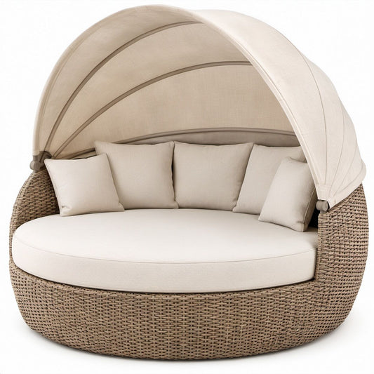 Runde Gartenliege mit Sonnendach, Ø 180 x H 175 cm, Beige/Taupe, PE-Rattan