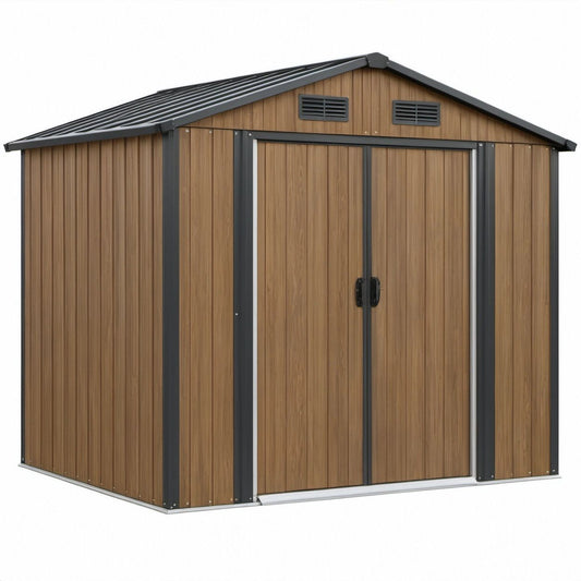 Geräteschuppen mit Satteldach aus verzinktem Stahl in Braun Holzoptik/Anthrazit, 213 x 130 x 173 cm