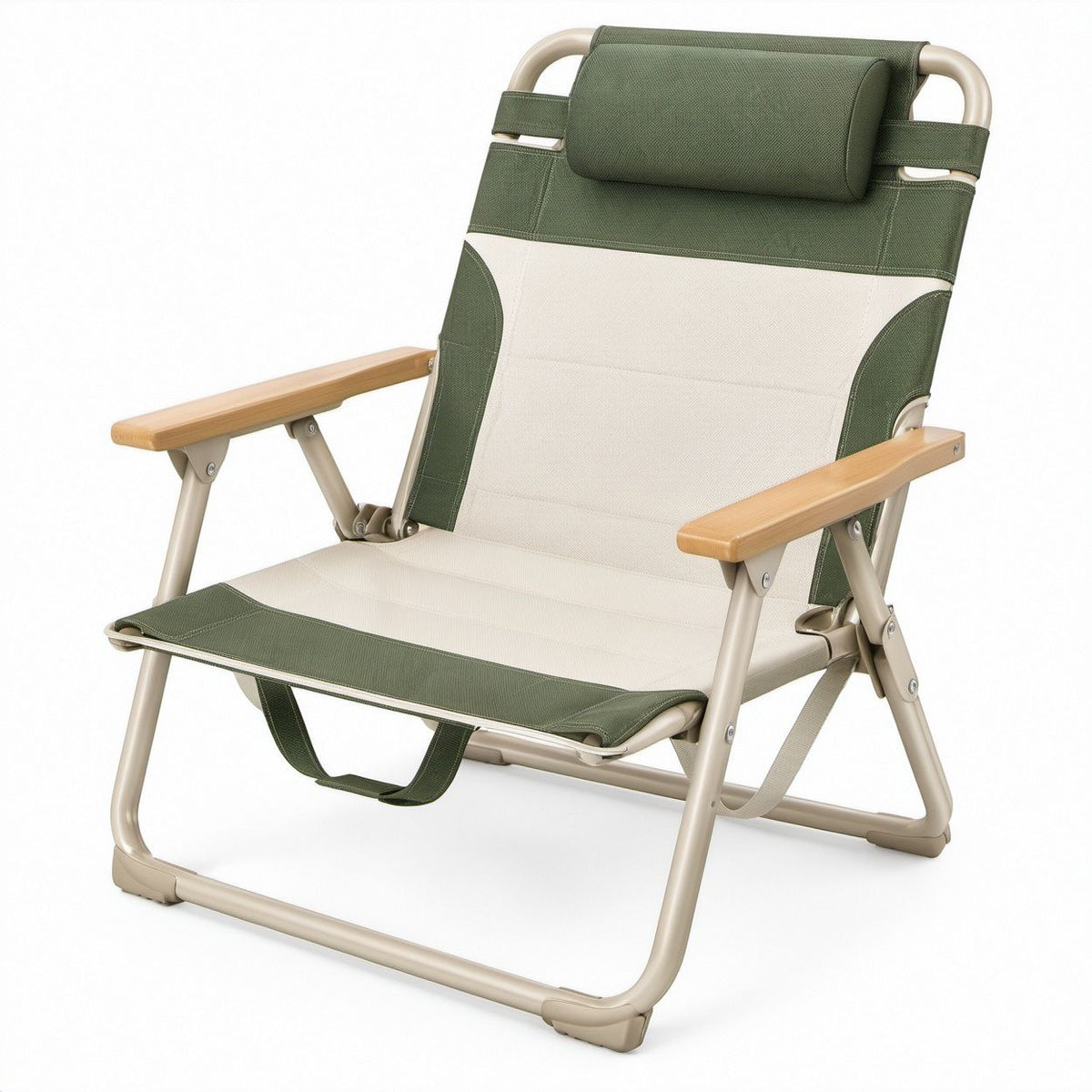 Klappbarer Campingstuhl Grün/Beige mit Aluminiumgestell, Bambusarmlehnen und Kopfpolster, 64 x 78 x 95 cm