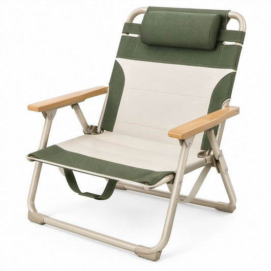 Klappbarer Campingstuhl Grün/Beige mit Aluminiumgestell, Bambusarmlehnen und Kopfpolster, 64 x 78 x 95 cm