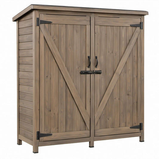 Gartenschrank aus Massivholz mit Doppeltür, Braun/Schwarz, 128 x 61 x 160 cm