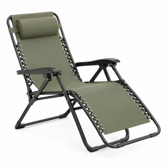Ergonomische klappbare Relaxliege mit Kopfpolster, Olivgrün/Schwarz, 165 x 65 x 112 cm