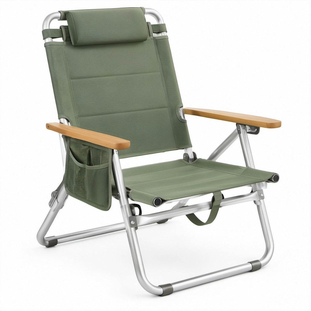 Klappbarer Campingstuhl Grün/Silber/Naturholz mit Holzarmlehnen, 56 x 60 x 85 cm