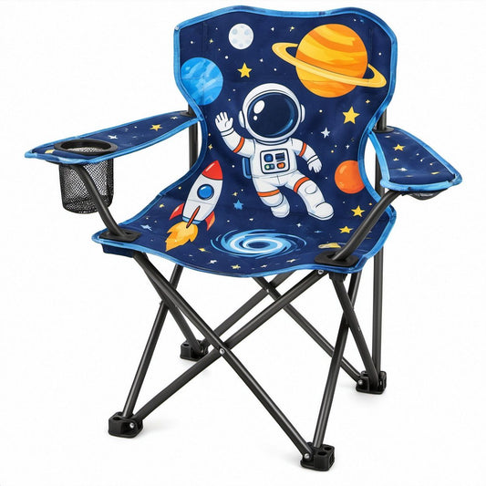 Klappbarer Kinderstuhl mit Weltraummotiv, Getränkehalter und Netztasche, 60 x 38 x 70 cm, Dunkelblau/Blau/Schwarz/Weiß/Gelb/Orange